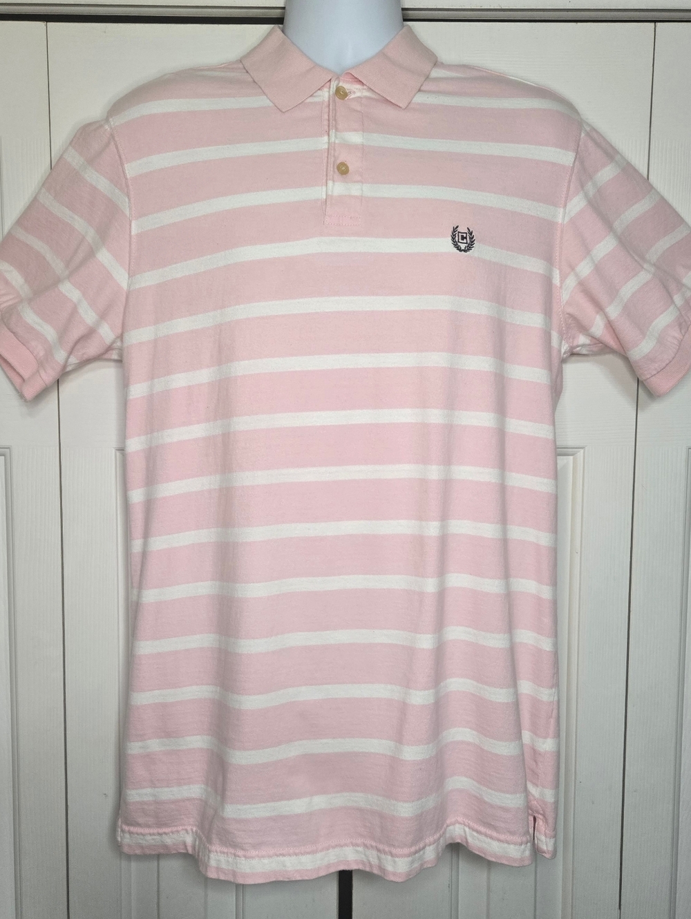 Chaps Men’s Large Polo Shirt Pink White Striped Short Sleeve 100% Cotton Preppy